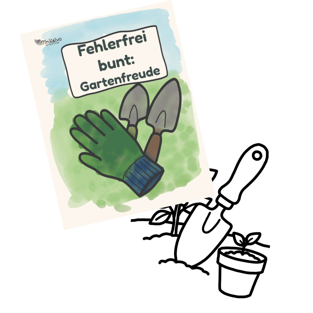 Malbücher für Kinder: Fehlerfrei bunt Gartenfreude Titelbild und Motiv mit Gartenschaufel