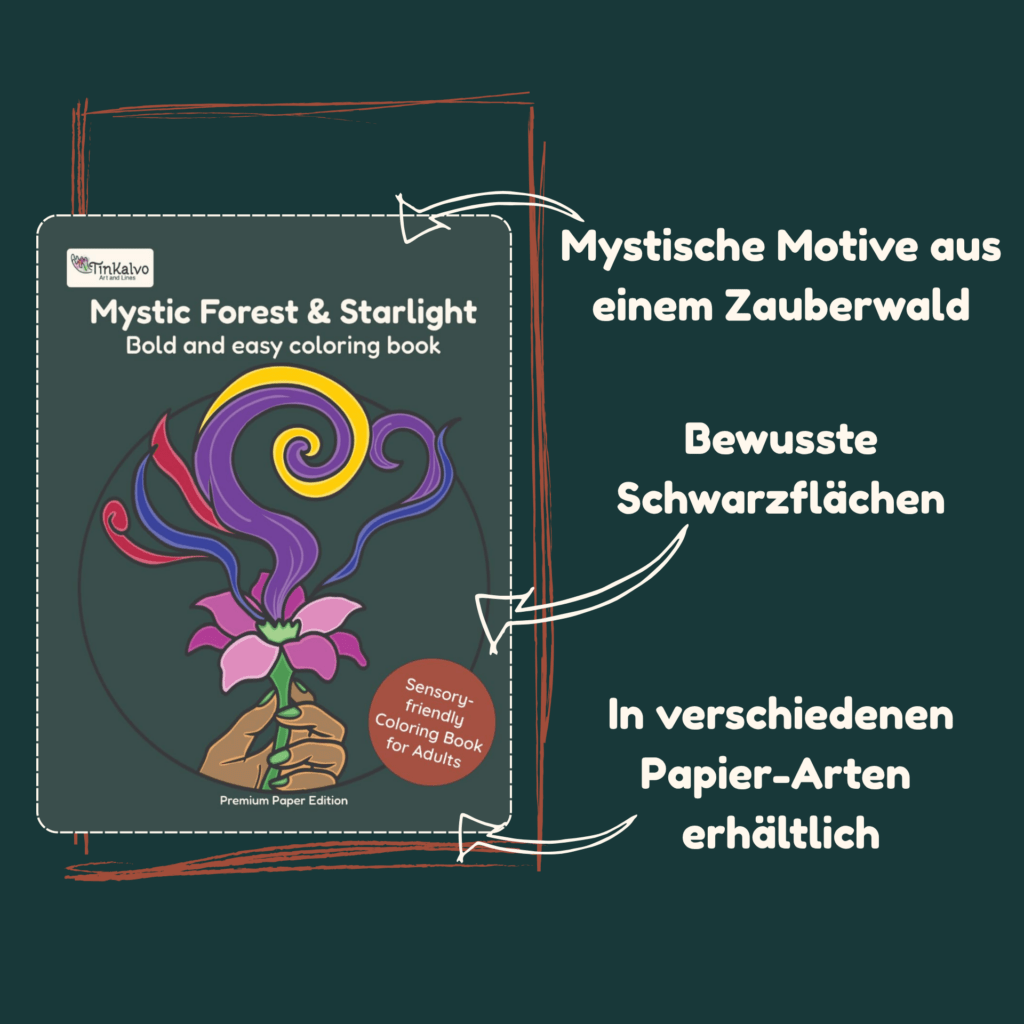 Mystic Forest & Starlight Malbuch mit mystischen Motiven, bewussten Schwarzflächen und in verschiedenen Papierarten erhältlich