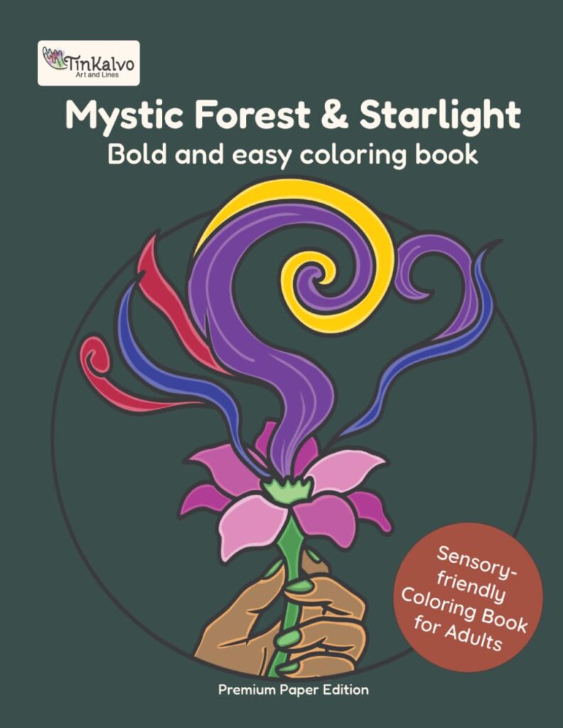 Titelbild vom reizarmen Malbuch für Erwachsene Mystic Forest & Starlight von Tinkalvo